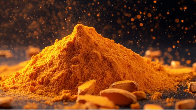 Close-up of Turmeric or Curcuma longa with powder isolated on background, Asian organic Herb and spice concept, Natural organic healthy plant