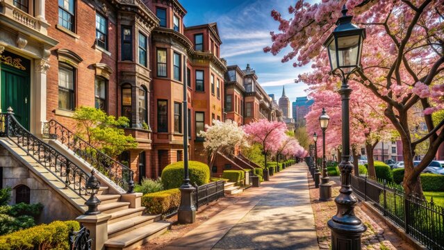 Historic brownstones line charming Beacon Street in urban Boston, punctuated by ornate lamps, blooming flowers, and stately trees under a sunny blue sky.