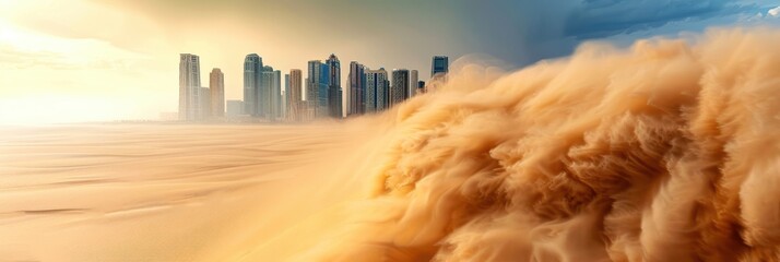 Dynamic desert sandstorm rolling towards a modern city skyline with skyscrapers in the distance under a partly cloudy sky.