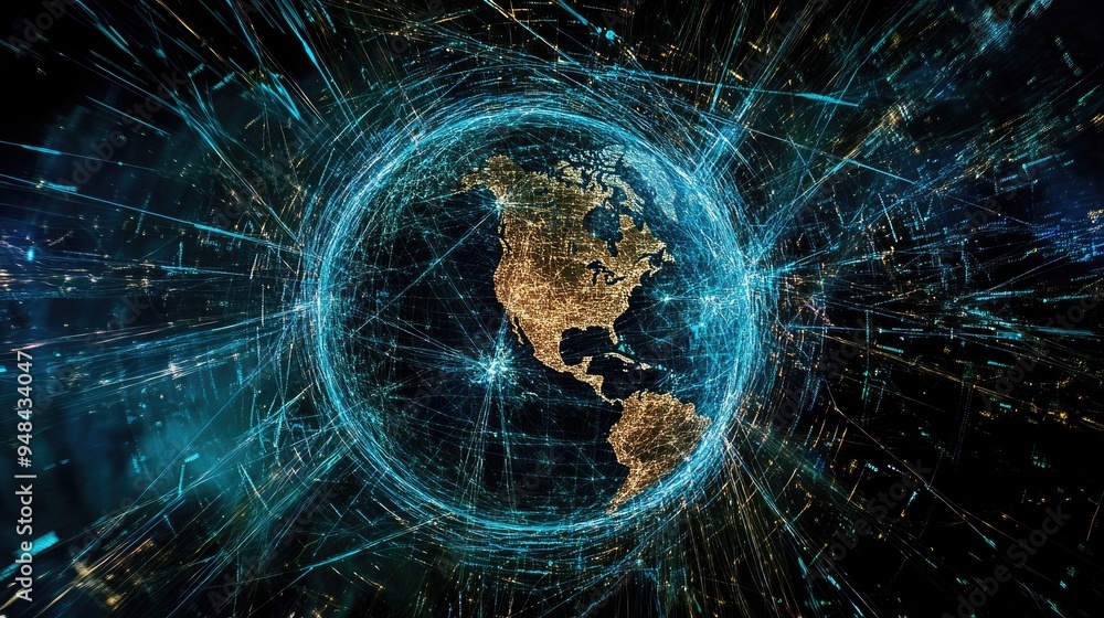 Poster a visual of a globe encircled by digital networks, representing the flow of information and the powe