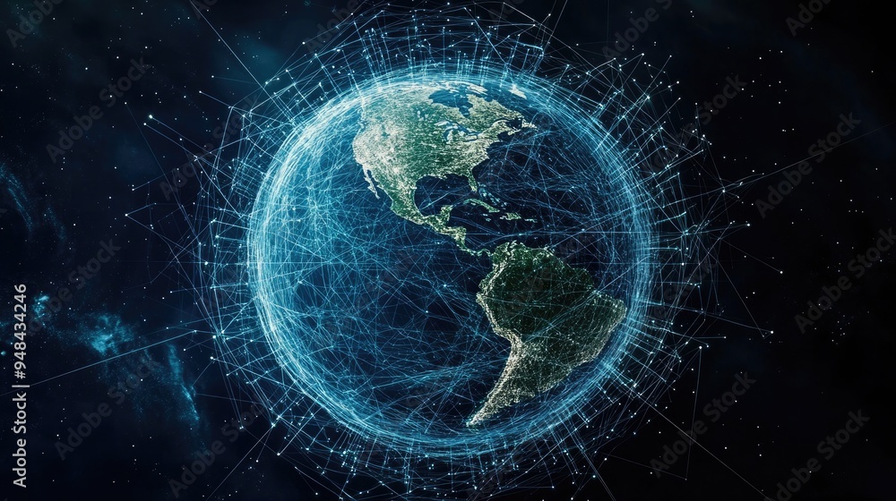 Poster a visual of a globe encircled by digital networks, representing the flow of information and the powe