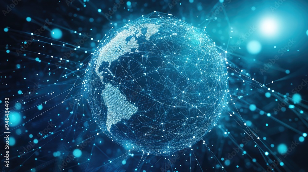 Poster a visual of a globe encircled by digital networks, representing the flow of information and the powe