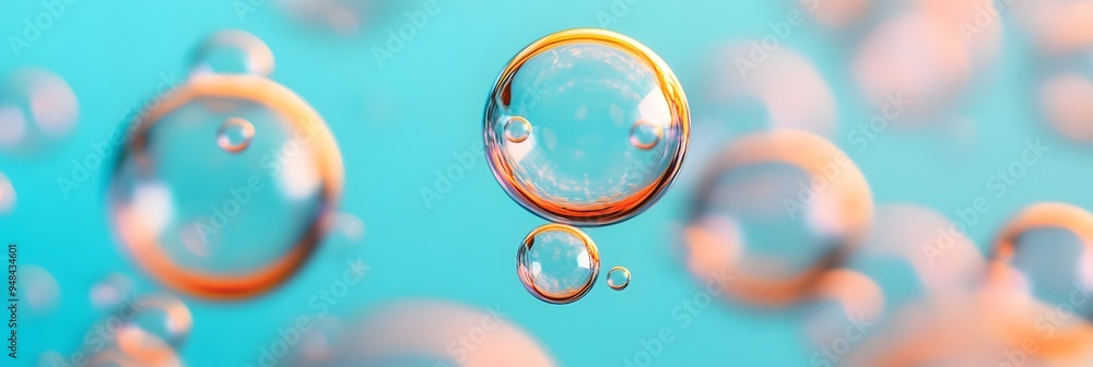 Poster a series of bubbles floating in the air with a pink and blue background. the bubbles are clear and s