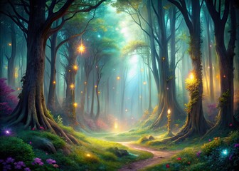 Fototapeta premium Enchanted Forest: Mystical, woodland, ethereal, luminescent, magical aura