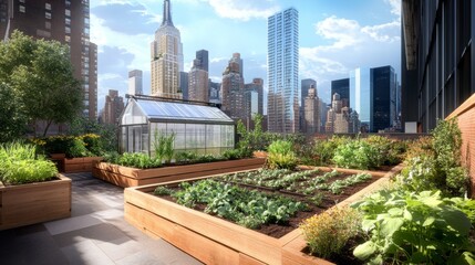Fototapeta premium A rooftop garden oasis with raised vegetable beds, fresh herbs, and a small greenhouse, surrounded by city skyscrapers.