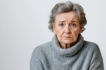 Portrait of a concerned and elderly Russian woman with tears streaming down her cheeks against a plain white background