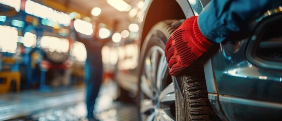 Naklejka premium Image shows garage with cars, focusing on a blue one. Person in red cap working on tire, implies meticulous maintenance work.