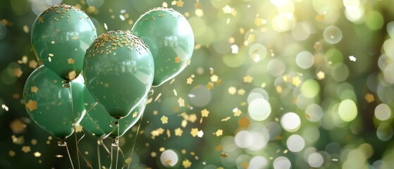 Celebratory image: 5 mint green balloons with gold patterns against a green background. Gold confetti and stars add to the festive scene.