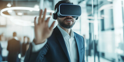 Businessman utilizing a VR headset for business applications.
