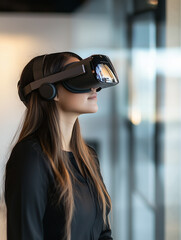 Businesswoman engaged in virtual reality technology at work.