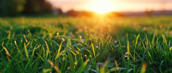 Serene sunset scene: vast grassland with warm yellow-orange glow, lush green grass hints at vibrant...