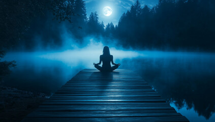 Fototapeta premium A woman meditates peacefully on a dock by a misty lake under a moonlit sky