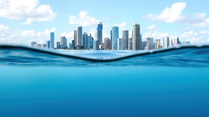 Fototapeta premium Stunning city skyline view from underwater, showcasing modern skyscrapers and a vibrant urban landscape against a clear sky.