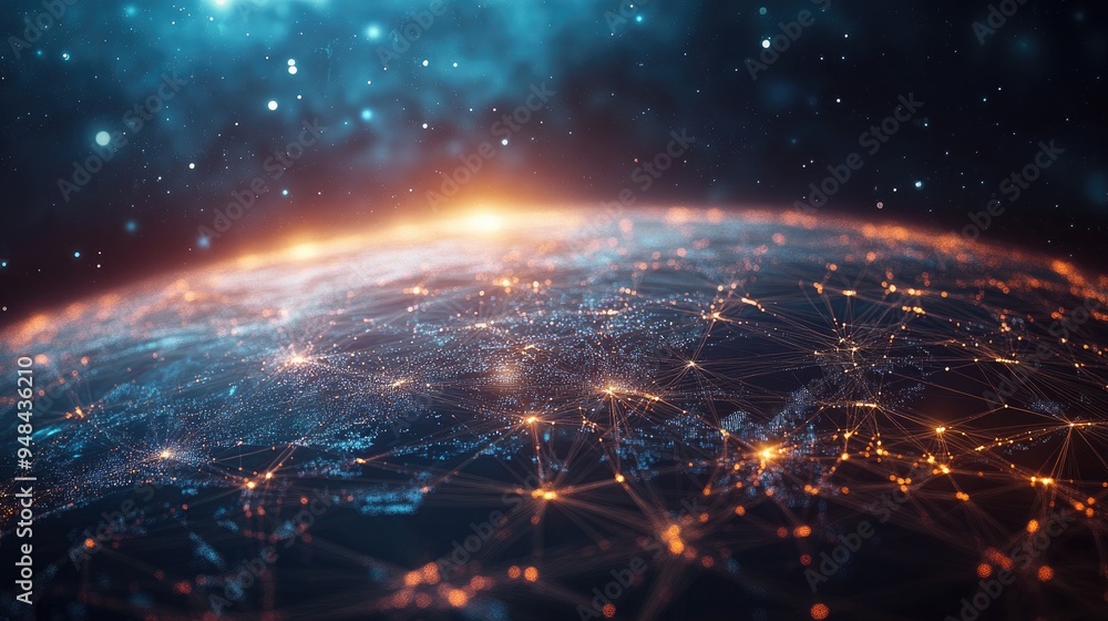 Poster abstract network of glowing data lines forming a global connection,