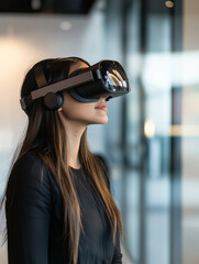 Businesswoman exploring virtual reality in a contemporary workspace.