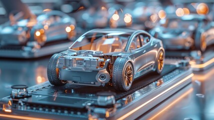 Obraz premium A futuristic silver model car with intricate interior detail is displayed on a cool-toned surface, surrounded by similar items in a sleek, high-tech setting.