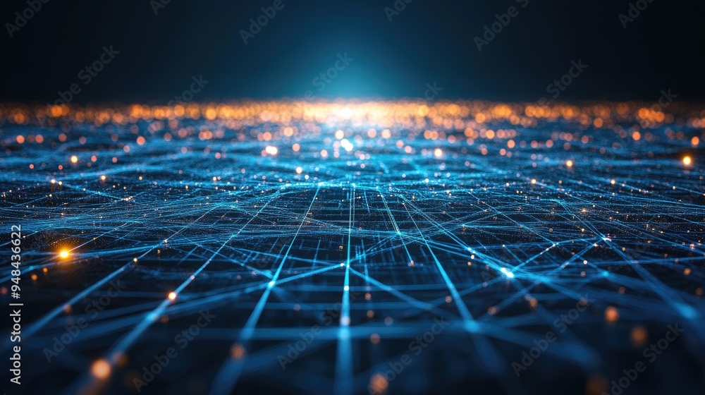 Poster abstract network of glowing data lines forming a global connection,