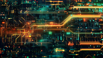 Abstrakcyjny projekt obwodu odzwierciedlający cyberprzestrzeń, z kompleksowymi i cyfrowymi liniami tworzącymi dynamiczny wzór.