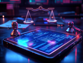 Compliance concept with a holographic screen displaying virtual data and security elements.