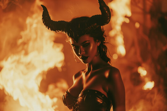 Succubus with Devil Horns in Hell Seduces with Her Leather Outfit and Smoldering Gaze Amidst Flames