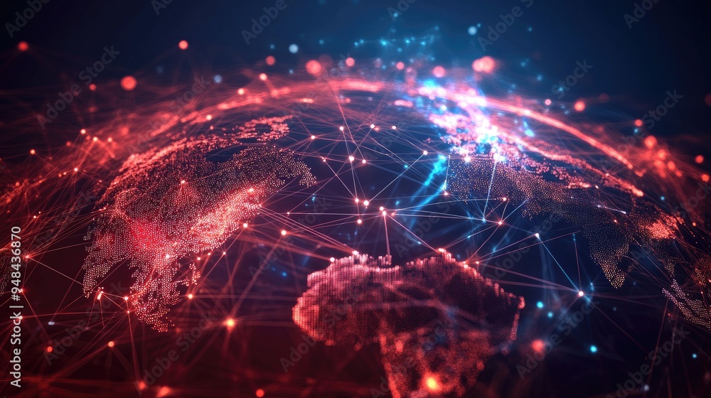 Poster abstract representation of global internet connectivity, featuring a glowing network of data and com