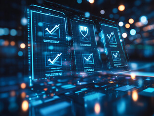 Holographic screen showing digital compliance and security features in a high-tech business setting.