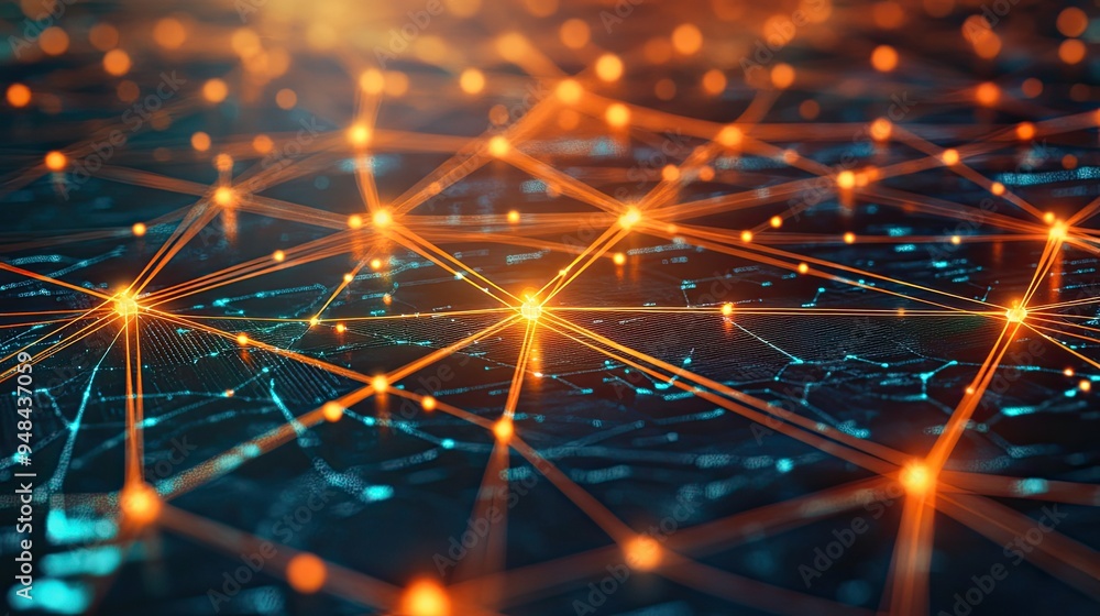 Poster abstract representation of global internet connectivity, featuring a glowing network of data and com