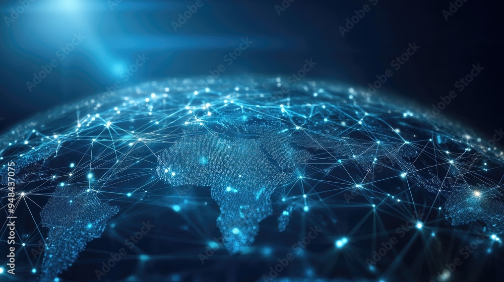 Poster abstract representation of global internet connectivity, featuring a glowing network of data and com