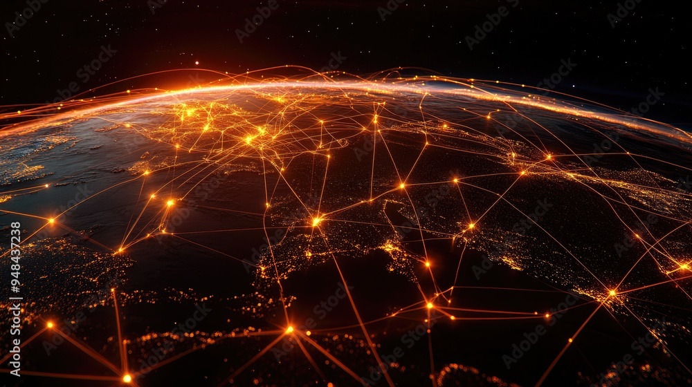 Poster abstract representation of global network connections, with glowing lines and nodes,