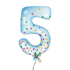Watercolor illustration of blue balloon number five isolated on white background.