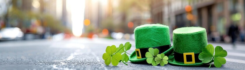 Two green leprechaun hats with clovers on a city street, celebrating St. Patrick's Day with urban background and festive spirit.