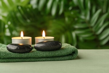 Spa Serenity, Two candles and smooth stones on a green towel with leafy background, Relaxing Wellness Setting.