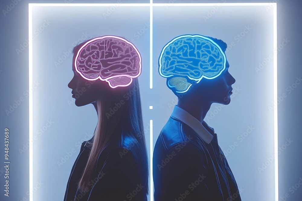 Poster abstract digital illustration of two faces with glowing brains symbolizing the dynamic exchange of t