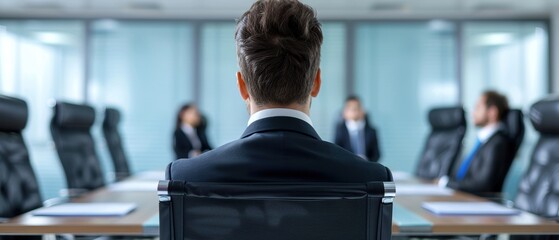 Business professionals in a corporate meeting, discussing strategies and planning in a modern conference room setting.