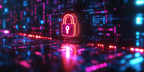 Conceptual glowing screen visualizing cybersecurity with interactive and dynamic elements.