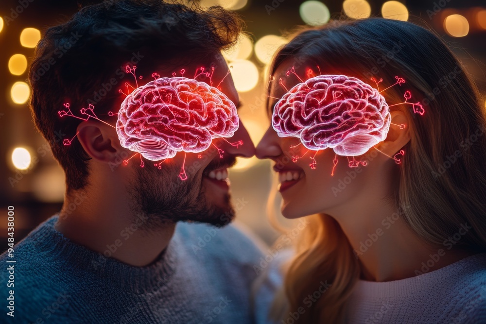Poster abstract digital illustration of a couple with glowing neural patterns symbolizing the intense intel