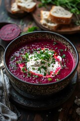 Borscht.Beet soup with sour cream, often served cold.