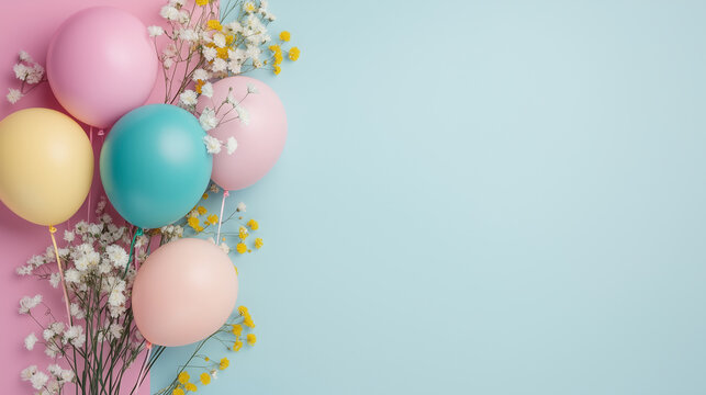 Celebrate with joy in a pastel-themed birthday backdrop featuring balloons and floral accents