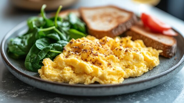 nutritious breakfast options, a balanced breakfast of spinach scrambled eggs and whole wheat toast on a plate sets the stage for a productive day ahead