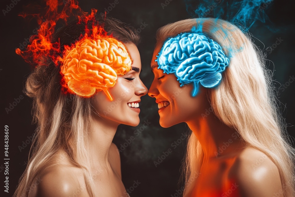 Poster abstract digital portrait of a woman with a glowing brain symbolizing the powerful intellectual and 