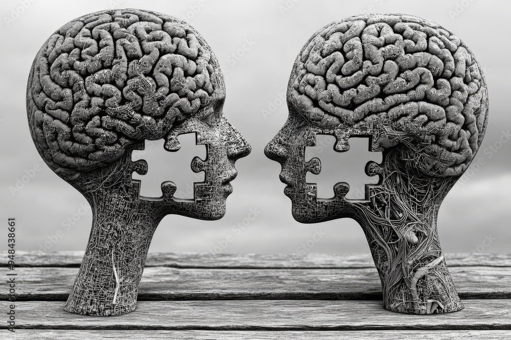 Poster monochrome sculpture of two faces with puzzle shaped brains symbolizing the intricate process of int
