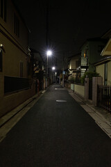 真夜中の住宅街、暗がりの路地、閑静な住宅街の夜道