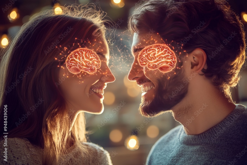 Poster vibrant digital illustration of a couple with glowing neural connections symbolizing the dynamic exc