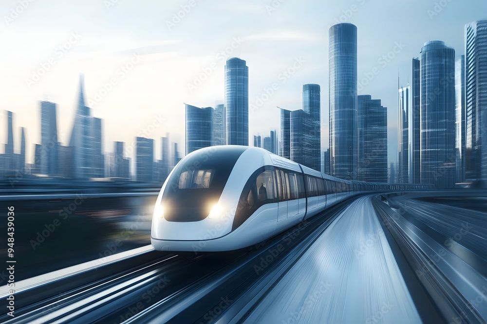 Poster Sleek futuristic skyline with a high speed train zooming through the cityscape surrounded by towering skyscrapers and a sense of technological advancement and progress  The image evokes a visionary