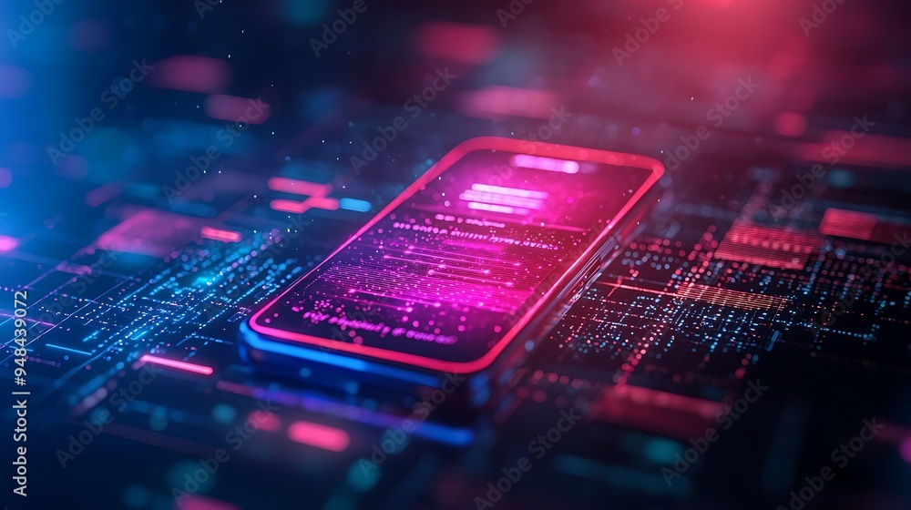 Poster cutting-edge smartphone featuring streams of digital code and vibrant neon lights.