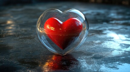 Fototapeta premium An abstract red heart encased in a clear glass dome, representing fragile love,