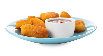 Tasty chicken nuggets with chili sauce isolated on white