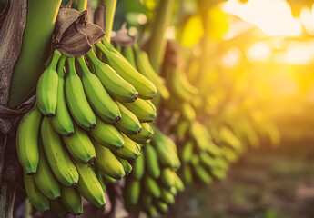 A bunch of bananas growing on the tree, vibrant and full of life. Their smooth, curved forms and fresh green-to-yellow tones reflect natural ripeness and tropical warmth. Still attached to the plant, 