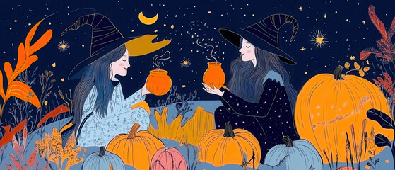 Friendly witches brewing a potion under a starry sky, surrounded by pumpkins, soft pastel colors, playful Halloween scene, space for text, wallpaper, background
