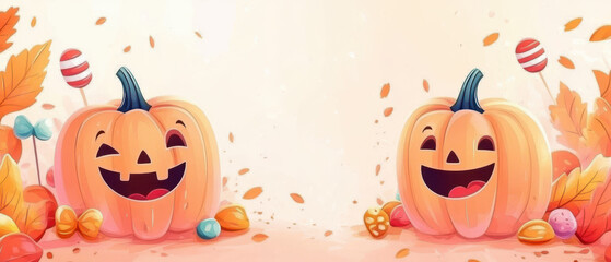 Cartoon jacko lanterns with playful expressions, surrounded by candy and leaves, soft pastel colors, Halloween theme, space for text, wallpaper, background
